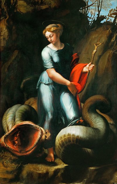 Markéta Antiochijská Pisidská (nebo Saint Marine, Marina) (zemřela kolem roku 305) - Svatá Markéta - Rafael (Raffaello Sanzio da Urbino) (1483-1520). Olej na dřevě, cca 1518. Rozměr: 191,3x123 cm. Uměleckohistorické muzeum, Vídeň od Raphael