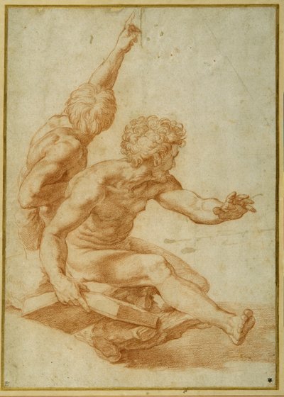 Studie aktů pro svatého Ondřeje a dalšího apoštola v Proměně (červená křída přes prohlubeň pera na krémovém papíře) od Raphael