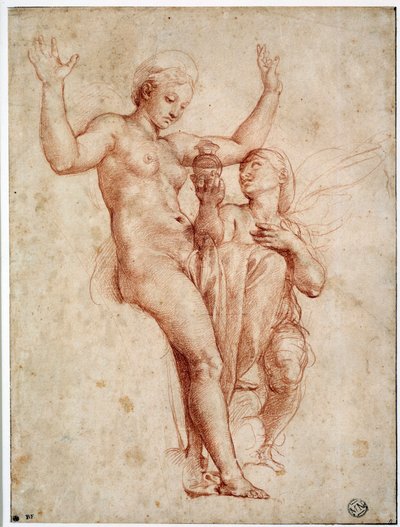 Psyché představující Venuši vodu Styxu. Kresba a la sanguine od Raffaella Sanzia dit Raphaela (1483-1520) od Raphael