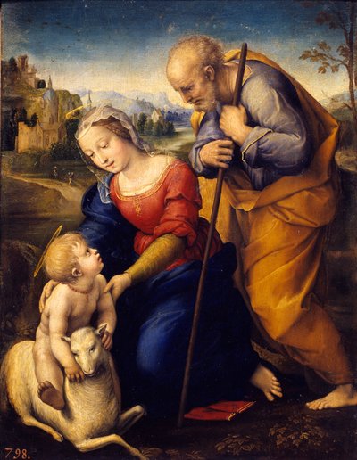 Svatá rodina má beránka. Obraz Raffaello Sanzio dit Raphael (1483-1520) od Raphael