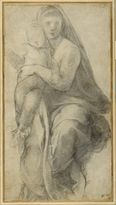 Panna a dítě (černá křída na šedém papíře) od Raphael