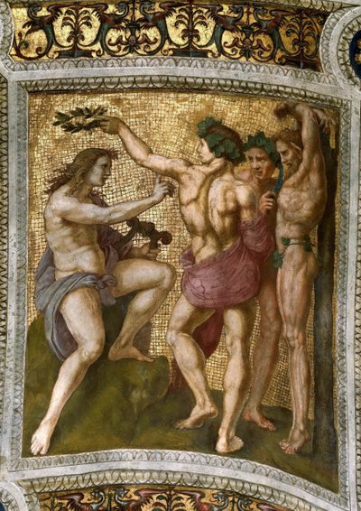 Marsyas a Apollo. Stropní freska ve Stanza della Segnatura, cca 1510-1511. od Raphael