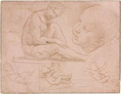 Studie sedící ženy, dětská hlava a tři studie miminka od Raphael
