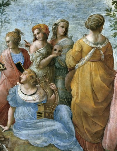 Parnas. Detail. Freska ve Stanza della Segnatura, cca 1510-1511. od Raphael