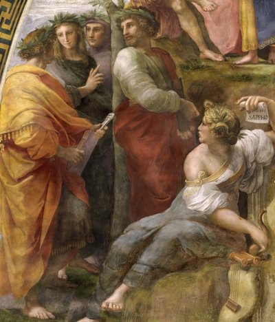 Parnas. Detail. Freska ve Stanza della Segnatura, cca 1510-1511. od Raphael