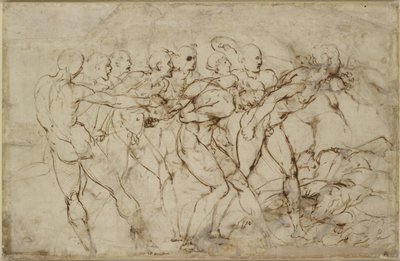 Bitva nahých válečníků se zajatci, WA1846.179 (pero a hnědý inkoust na černé křídě) od Raffaello Sanzio Raphael