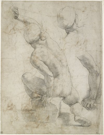 Recto: Nahý muž sedící na kameni, WA1846.200 (černá křída na špinavě bílém papíře) od Raffaello Sanzio Raphael