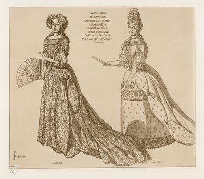 Dvorní kostýmy. Marie Anna de Baviere, francouzská dauphiné, provdaná za syna krále Ludvíka XIV. Podle uměleckých děl ve sbírce Bonnart. od Raphael Jacquemin