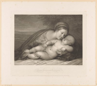 Marie se spícím dítětem v krajině Parce Somnum Rumpere (název na objektu) od Raphael Morghen