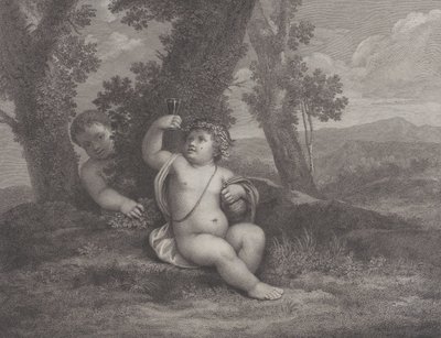 Dítě Bacchus sedělo pod stromem, drželo sklenku vína, s dalším dítětem za..., 1780 od Raphael Morghen