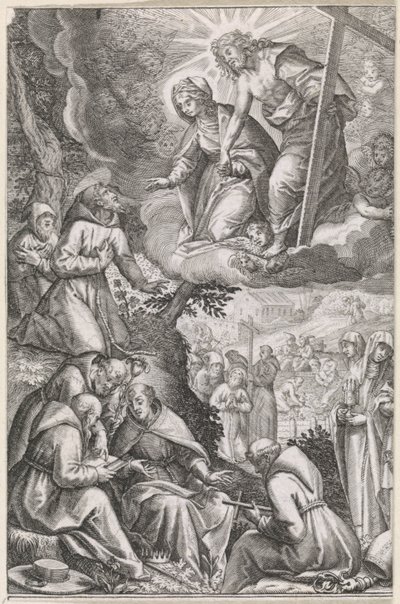 Svatému Františkovi a jeho řádu se zjevují Kristus a Panna Maria od Raphaël Sadeler (I)