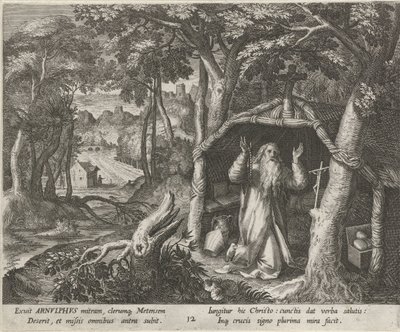Svatý Arnold z Met jako poustevník Ctnostný život poustevníků (název série) Trophaeum vitae solitariae (název série) od Raphaël Sadeler (I)