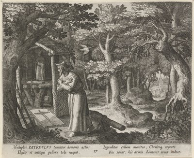Svatý Patroklos z Néris jako poustevník Ctnostný život poustevníků (název série) Trophaeum vitae solitariae (název série) od Raphaël Sadeler (I)
