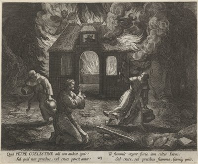 Svatý Petr Celestinus jako poustevník Ctnostný život poustevníků (název série) Trophaeum vitae solitariae (název série) od Raphaël Sadeler (I)