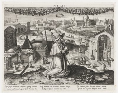 Pietas jako zosobnění zbožnosti Pietas (název na objektu) Hlavní činnosti prince (název série) Schema, seu speculum principum (název série) od Raphaël Sadeler (I)