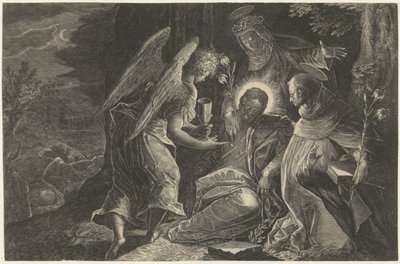 Kristus je v Getsemanech utěšován andělem, svatým Dominikem a svatou Kateřinou Sienskou Zrcadlo poslušnosti Perfectissimvm Obedientiae Specvlvm (název na objektu) Zrcadla poslušnosti, cudnosti a chudoby (název série) od Raphaël Sadeler (II)
