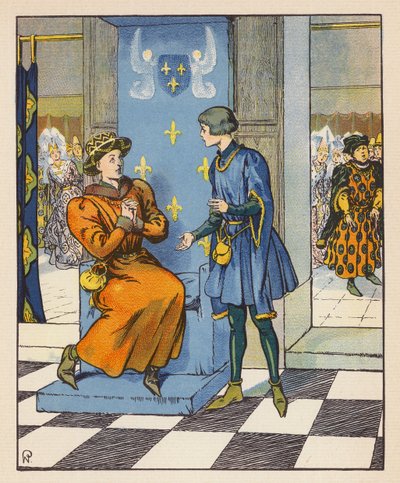 Tajný rozhovor Jeanne s Karlem VII (barevná litografie) od Raymond de la Neziere