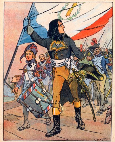 První italské tažení: Napoleon Bonaparte (1769-1821) v bitvě na mostě u Arcole, listopad 1796" převzato z "Nos-Gloires-Nationales" kolem roku 1920 (rytina) od Raymond de la Neziere