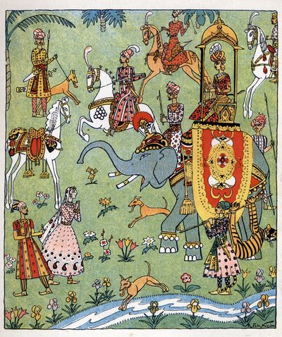 Ilustrace k pohádce "Aladin aneb zázračná lampa" v knize Arabské noci. od Raymond de la Neziere