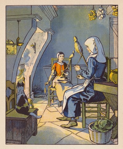 Jeanne A Domremy Avec Sa Mere (barevná litografie) od Raymond de la Neziere