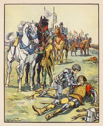 Jeanne pečuje o zraněného Angličana po bitvě u Patay (barevná litografie) od Raymond de la Neziere