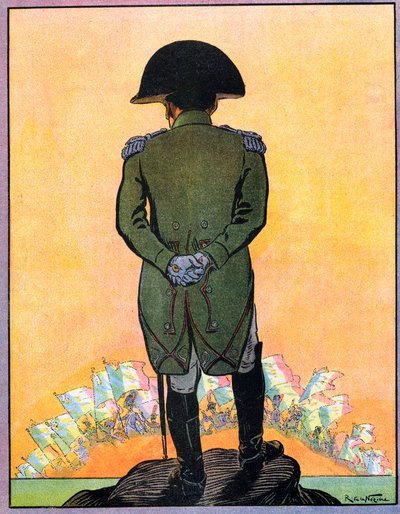 Portrét Napoleona I. (1769-1821) na ostrově Svatá Helena. Napoleon I. na ostrově Svatá Helena (Sainte-Helene) z knihy "Nos-Gloires-Nationales" kolem roku 1920 (rytina) od Raymond de la Neziere