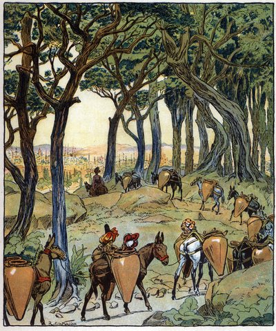 Celá karavana se vydala na cestu do města: ilustrace k pohádce "Aladin aneb zázračná lampa" v "Arabských nocích". od Raymond de la Neziere