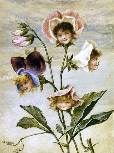 Geranium & Sweet Pea - Květinové děti - pár (akvarel a tělová barva na papíře) od Rebecca Coleman