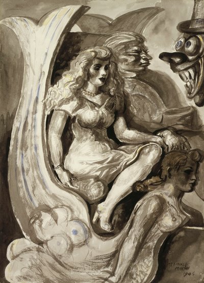 Jezdci na lodi s mořskou pannou v tunelu: Oboustranný akvarel od Reginald Marsh