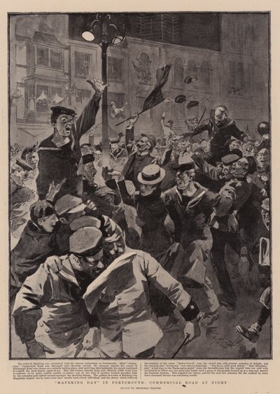 "Mafeking Day" v Portsmouthu, Commercial Road v noci (litografie) od Reginald Thomas Cleaver