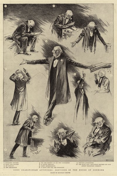 Některé Gladstonovy postoje, skicy v Dolní sněmovně (rytina) od Reginald Thomas Cleaver