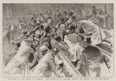 Boj v Dolní sněmovně, sněmovna v době vrcholících nepokojů (rytina) od Reginald Thomas Cleaver