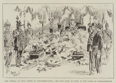 Pohřeb vévody Ernesta Sasko-Kobursko-Gothajského, tělo leželo v rakvi na zámku Reinhardsbrunn (rytina) od Reginald Thomas Cleaver