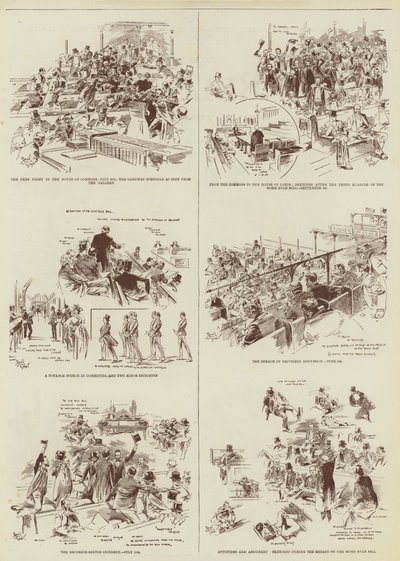 Home Rule Session, několik skic "Daily Graphic" v parlamentu (rytina) od Reginald Thomas Cleaver