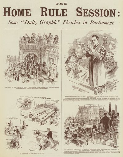 Home Rule Session, několik skic "Daily Graphic" v parlamentu (rytina) od Reginald Thomas Cleaver