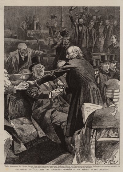 Zahájení zasedání parlamentu, přijetí pana Gladstona členy opozice (rytina) od Reginald Thomas Cleaver