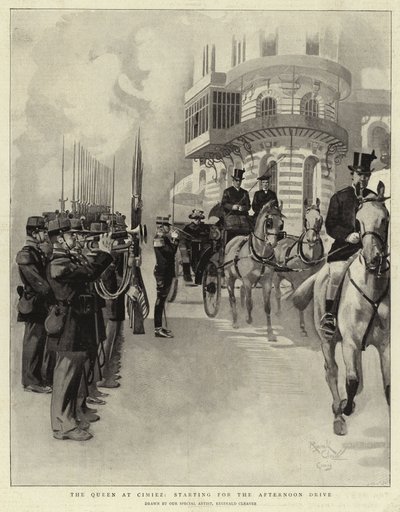 Královna na Cimiez, start na odpolední jízdu (litografie) od Reginald Thomas Cleaver