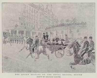 Královna přijíždí do hotelu Regina, Cimiez (rytina) od Reginald Thomas Cleaver