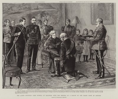 Královna vyznamenává lorda Russella z Killowenu insigniemi rytíře velkokříže v Osborne (rytina) od Reginald Thomas Cleaver