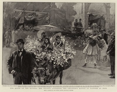 Královna na Riviéře, Její Veličenstvo se účastní dětské květinové bitvy v Nice (litografie) od Reginald Thomas Cleaver