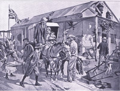 Co znamená evakuace pro loajální kolonisty, ilustrace z knihy "After Pretoria: The Guerilla War". od Reginald Thomas Cleaver
