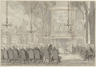 Přijetí prince Williama V. a Wilhelminy Pruské v zasedací síni radnice v Amsterdamu od Reinier Vinkeles (I)
