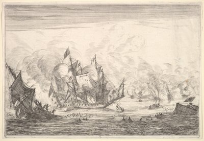Námořní bitva s anglickou lodí zakládající se vlevo, z námořních bitev Nieuwe Sc..., 1652-54. od Reinier Zeeman