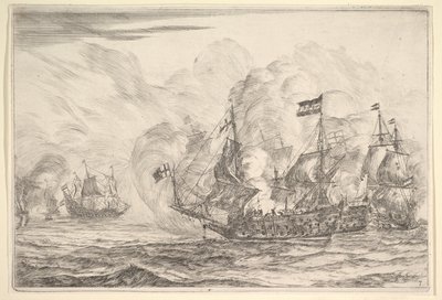 Námořní setkání se třemi plavidly napravo, z námořních bitev Nieuwe Scheeps Bat..., 1652-54. od Reinier Zeeman