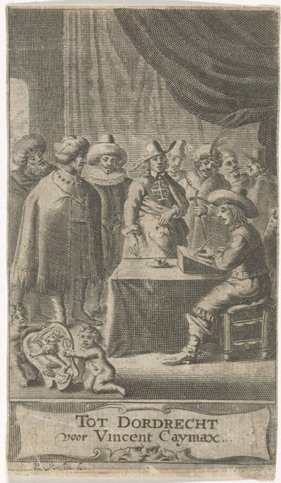 Obchodník u psacího stolu Titulní strana pro: J. van der Does e.a., Verscheyde voyagien, ofte reysen, 1652 od Reinier van Persijn