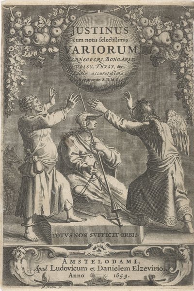 Minerva en twee geketende figuren Název: A. Thysius, Justinus cum notis selectissimis variorum Berneggerj, Bongarsy, Vossy, Thysy atd., 1659 od Reinier van Persijn