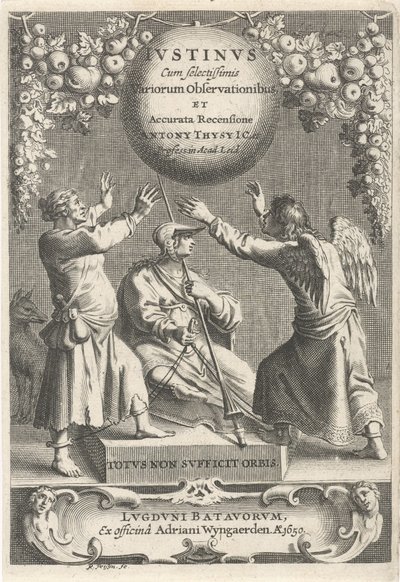 Minerva en twee geketende figuren Titelpagina voor: A. Thysius, Justinus s nejvybranějšími různými pozorováními a podrobným přehledem, 1650 od Reinier van Persijn