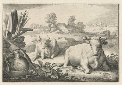 Pastvina se dvěma ležícími krávami Diversa Animalia Quadrupedia (název série) od Reinier van Persijn