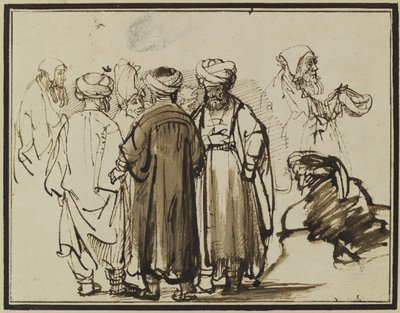 Muži v orientálních šatech a dvě studie žebráka v polopostavě. od Rembrandt