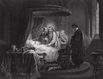 Vzkříšení Jairovy dcery, Marek, kapitola V, verše 35, 42 (rytina) od Rembrandt Harmensz. van Rijn (after)